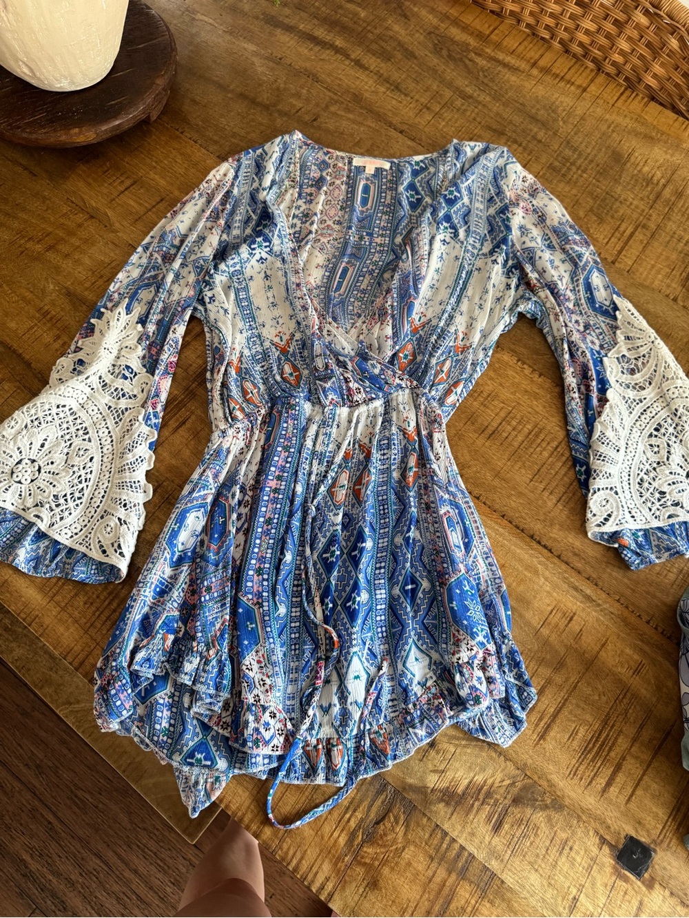 Boho Blue Paisley Lace-Sleeve dress